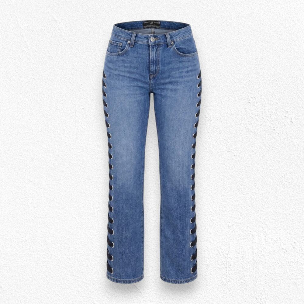 Veronica Beard Stone Blue Ines Lace Up Straight Leg Girlfriend Jeans Size 28